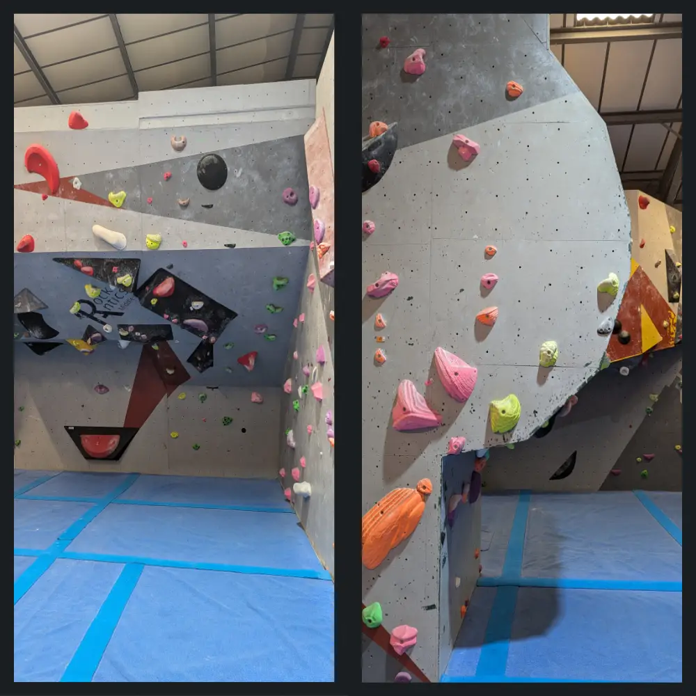 A side by side of two images. Left side shows a climbing wall with a steep overhang. Right side shows a barrel style climbing wall.